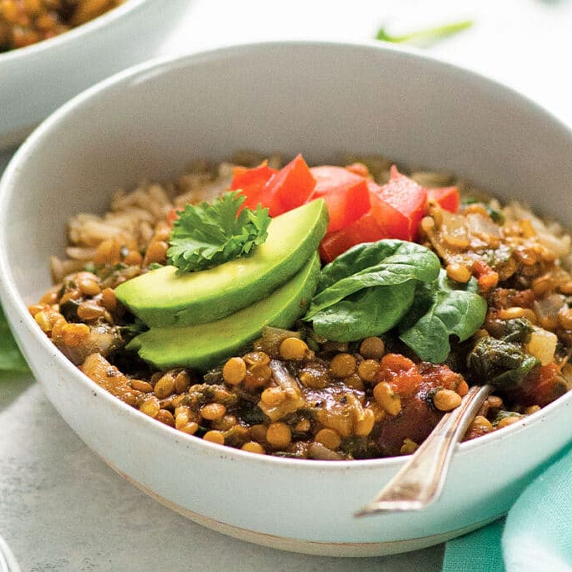 Lentils With Tomatoes & Spinach Over Rice