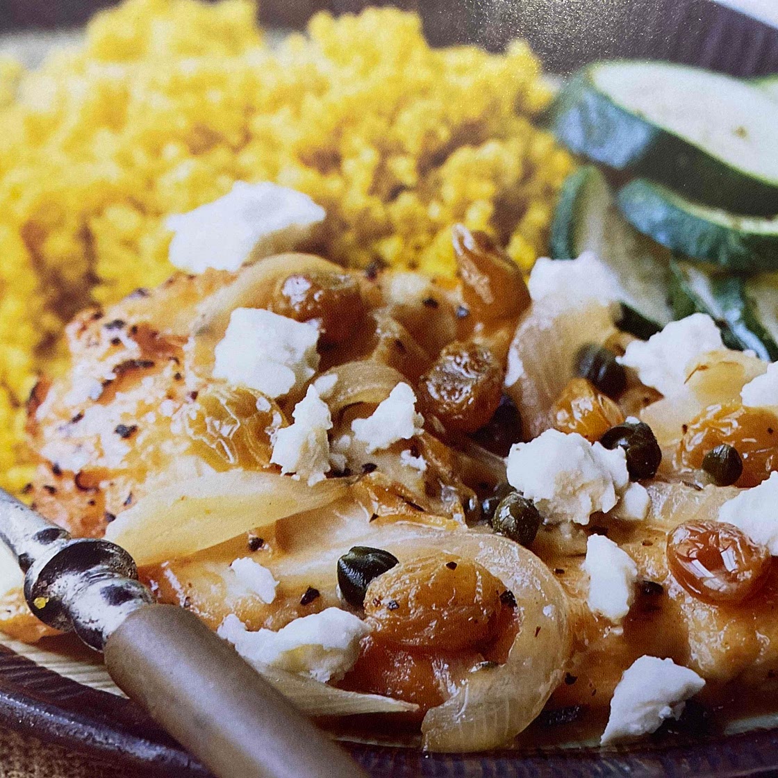 Greek chicken with capers, raisins, and feta