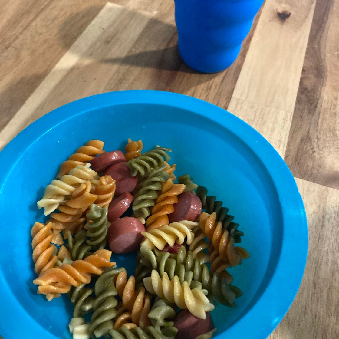 Kids veggie pasta and hotdog 
