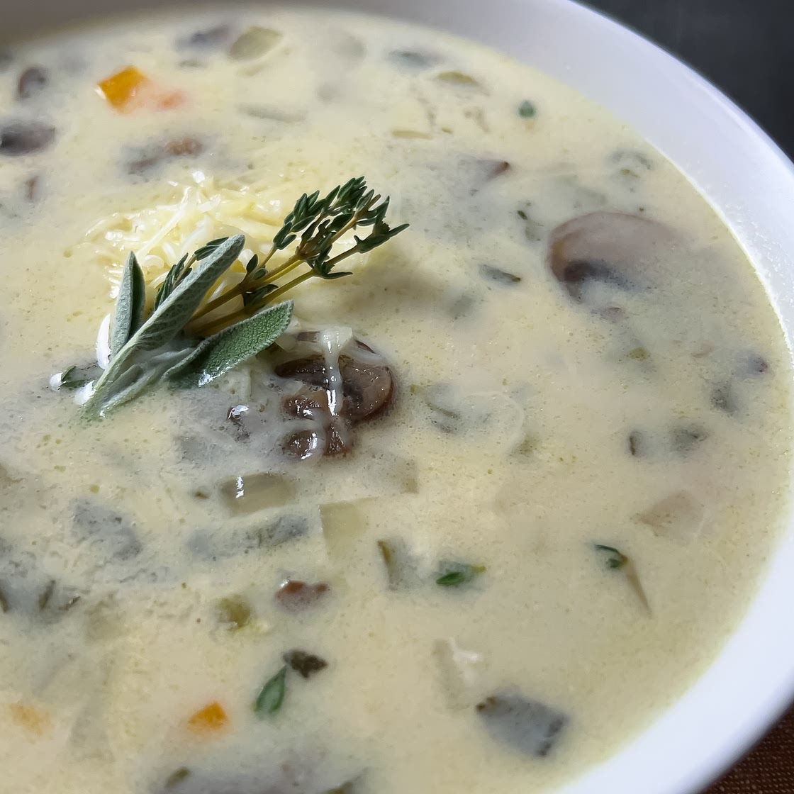 Creamy Chicken, Mushroom & Rice Soup with Sage