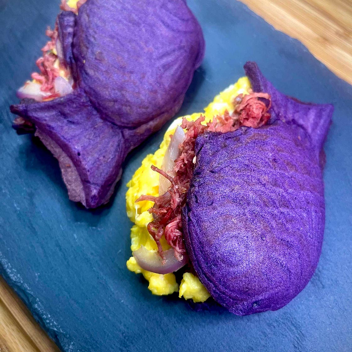 Ube Taiyaki with Corned Beef and Creamy Scrambled Eggs 