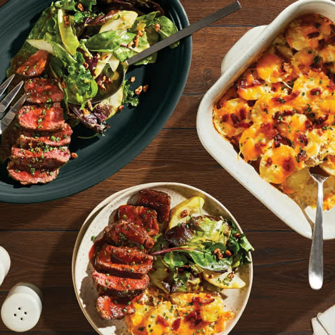 Beef Au Poivre & Cheesy Potato Gratin  with a Pear & Pecan Salad