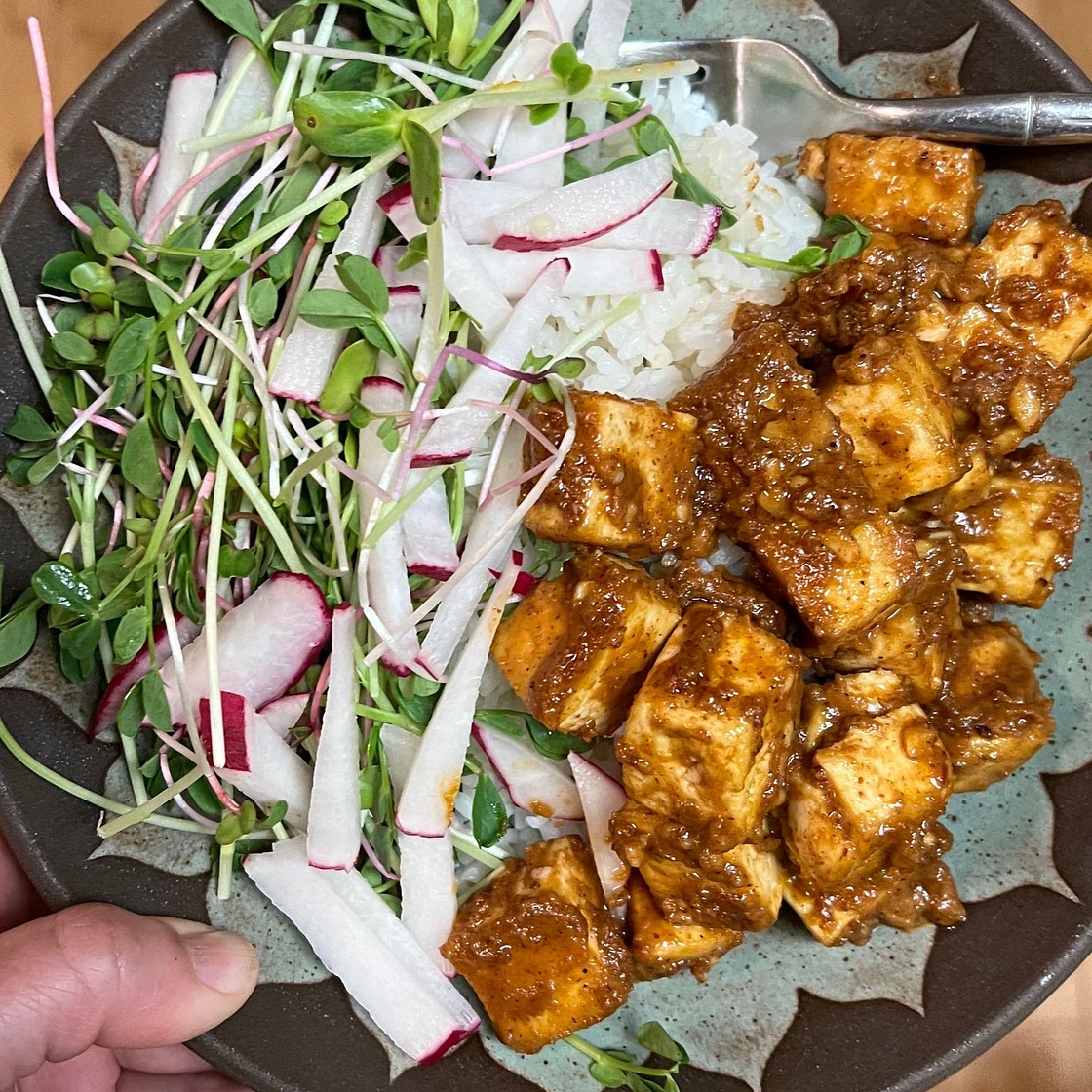 Almond Butter Tofu with Pea Shoots & Sticky Rice