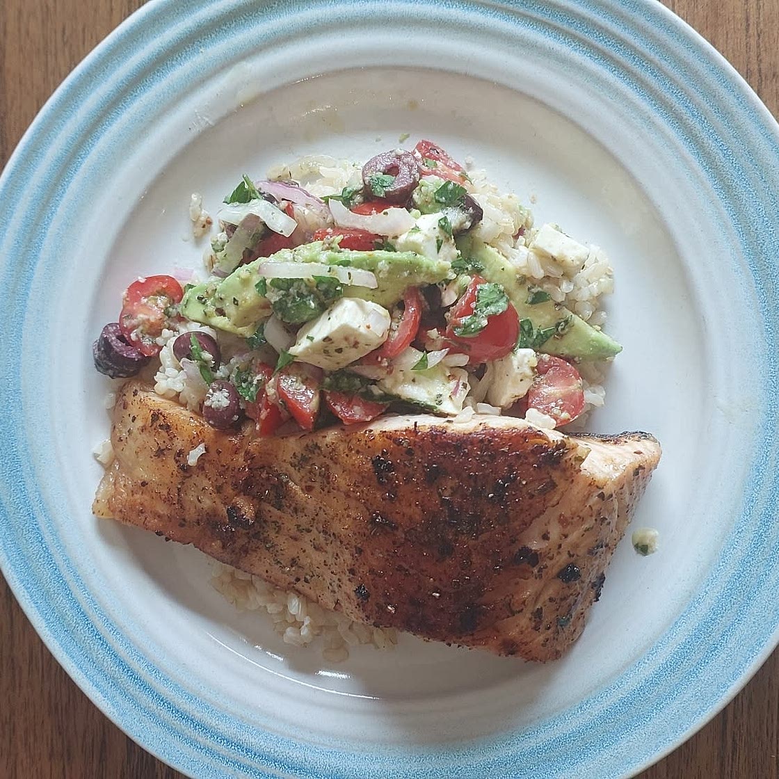 Grilled Salmon with Avocado Greek Salsa and Orzo
