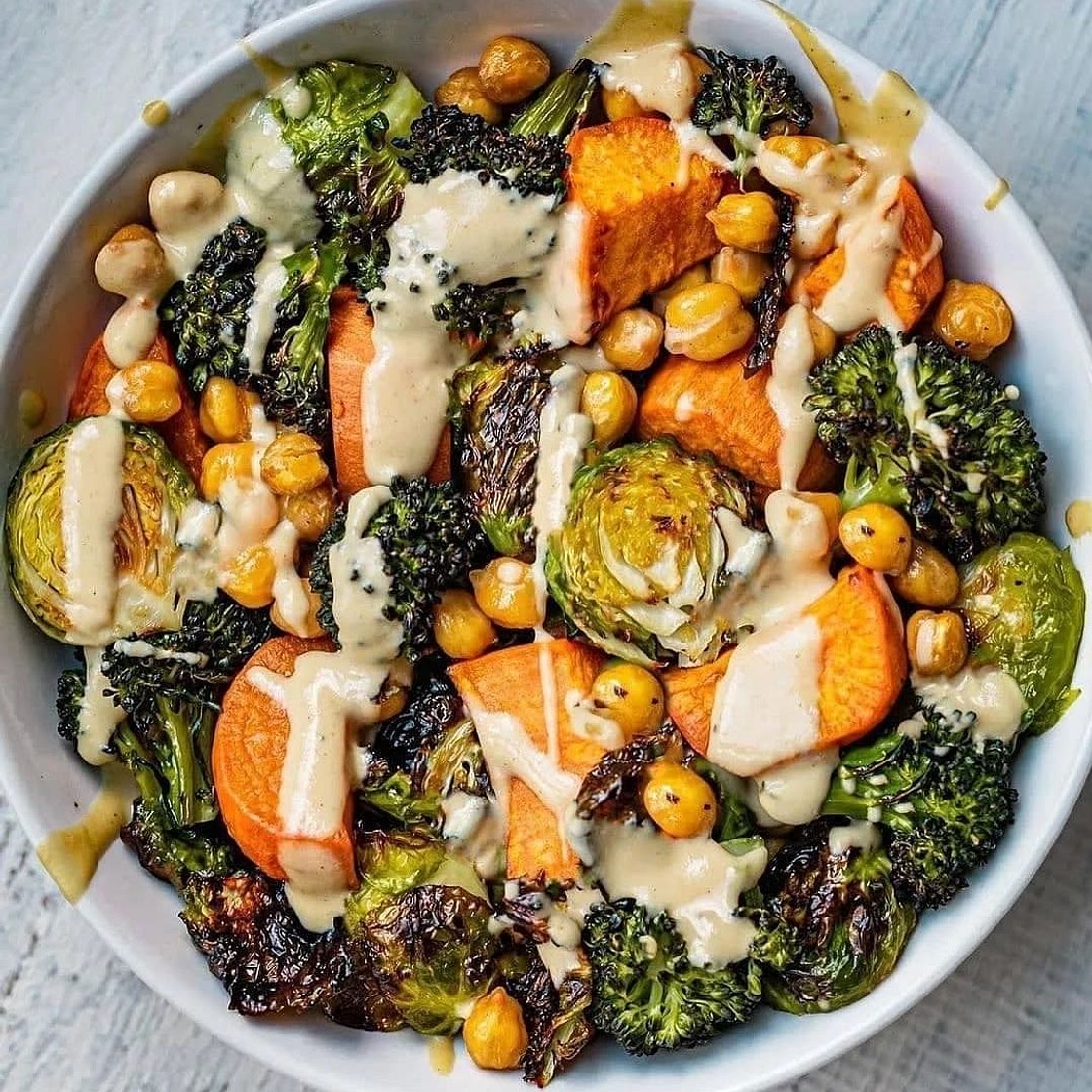 Sheet Pan Chickpea Veggie Roast with Tahini Maple Dressing