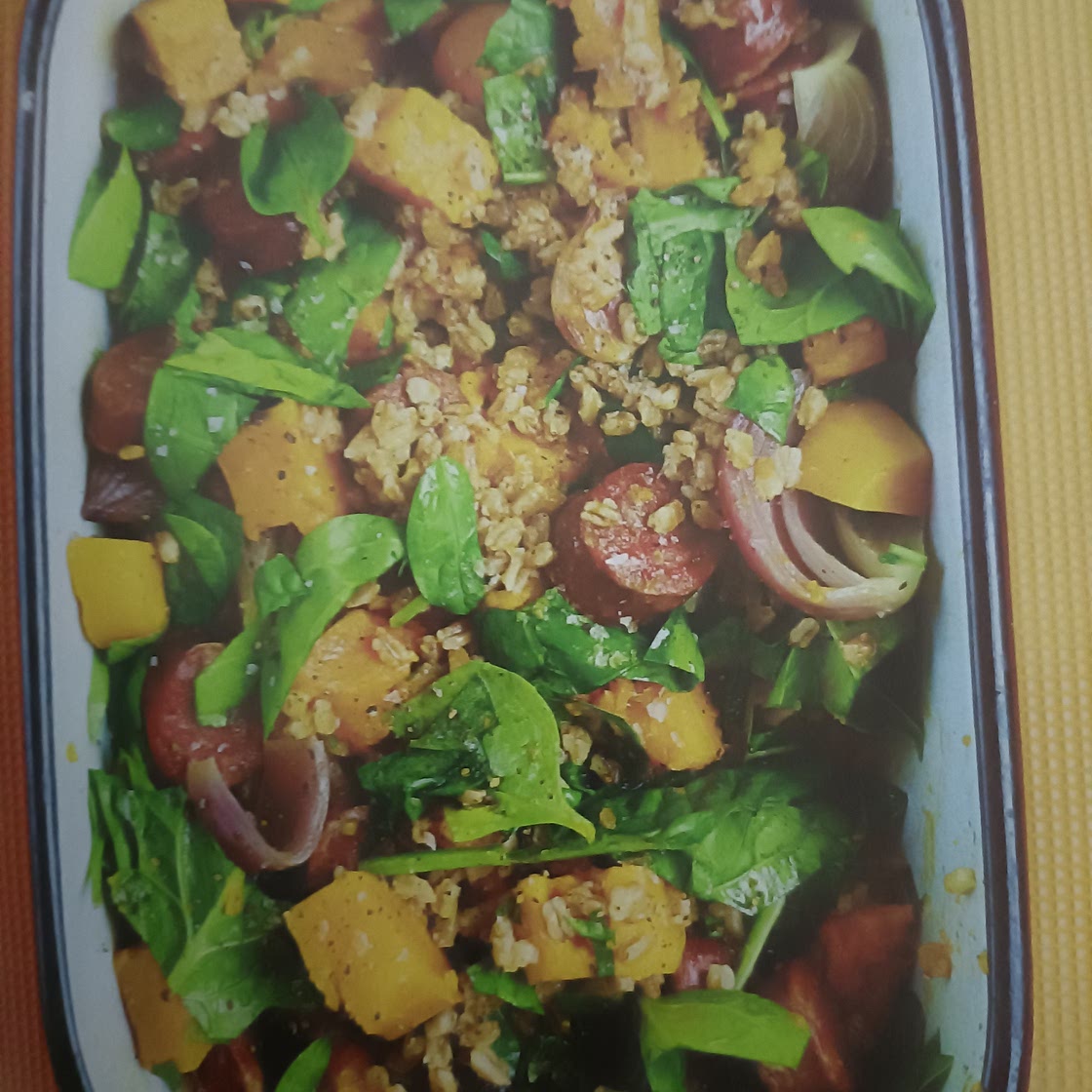 Spelt with chorizo, sweet potato, red onion and spinach