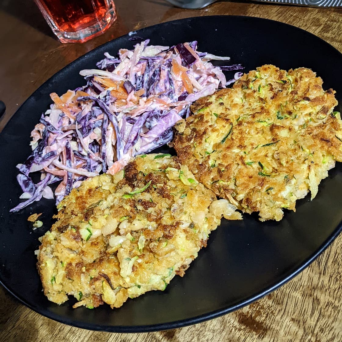 White Bean, Zucchini, and Harissa Fritters