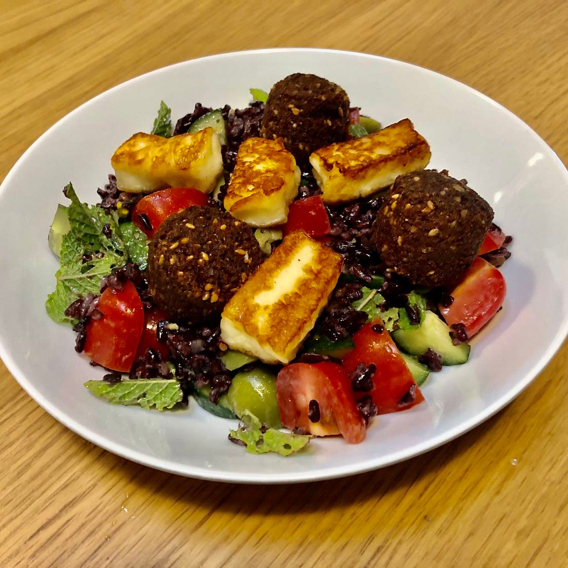 60. Black Rice Salad with Halloumi and Felafel