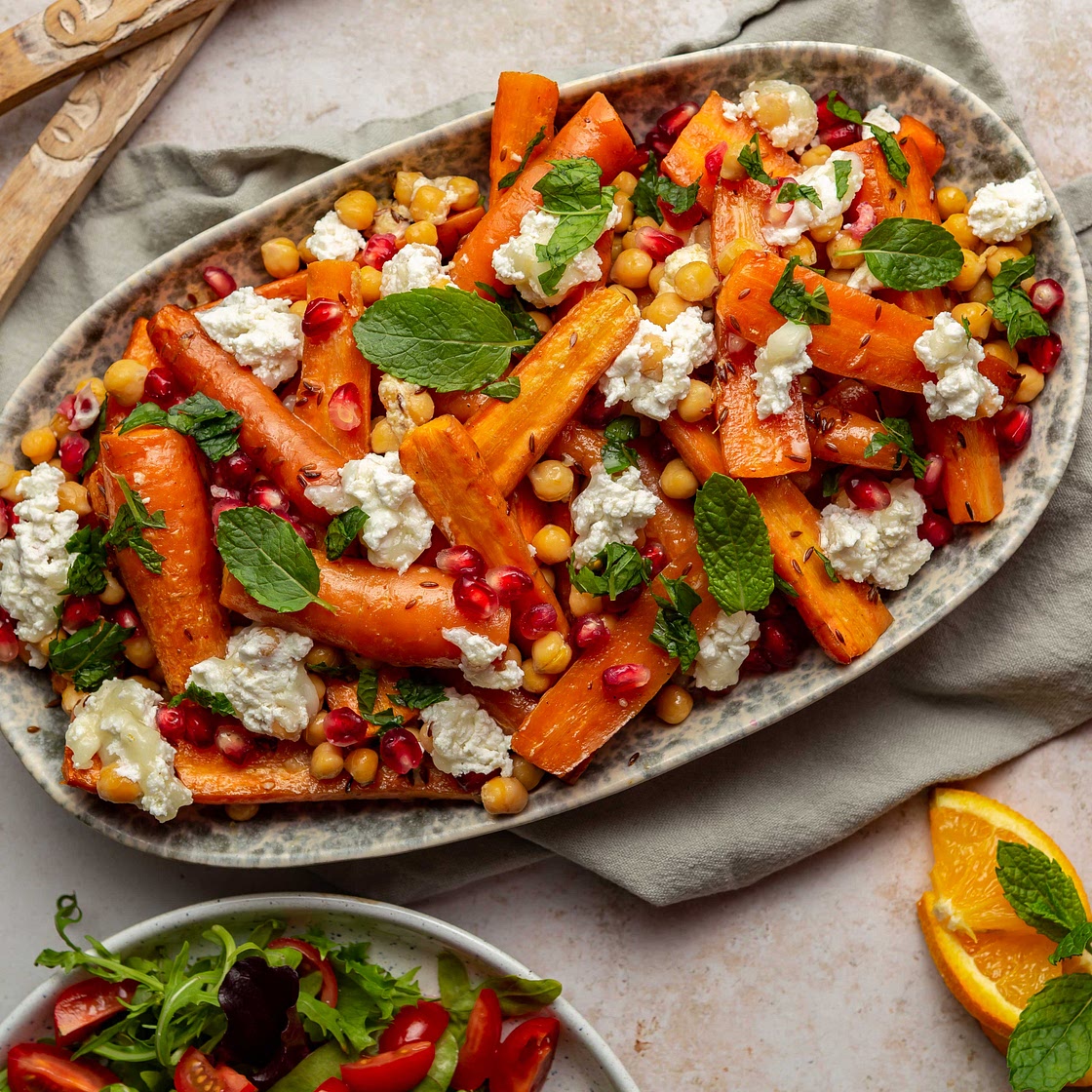 Roasted carrot, chickpea and goats cheese salad