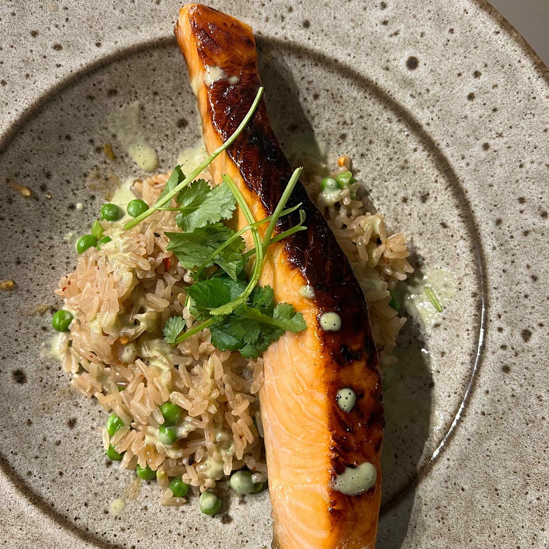 Crunchy Brown Rice Bowls with Salmon and Herbed Tahini