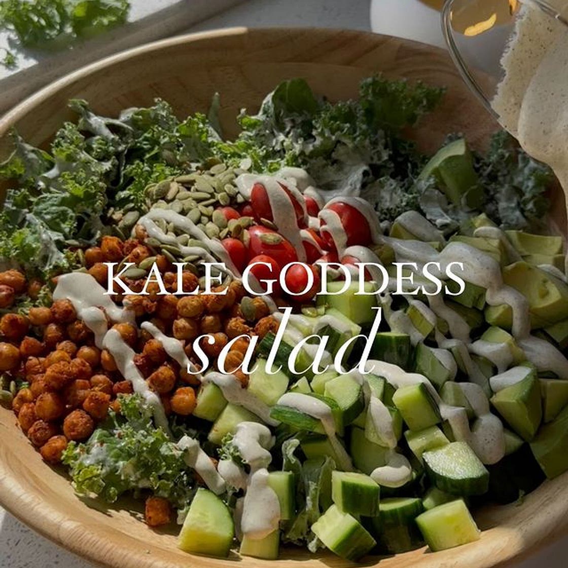 bookmark this CREAMY KALE GODDESS SALAD (v/gf)🌱✨follow for more life-changing salads! ingredients: 6 cups chopped kale 1 can chickpeas rinsed and drained 2 cups diced cucumber 1 cup halved cherry tomatoes 1 diced avocado 1/4 cup pumpkin seeds spices for c