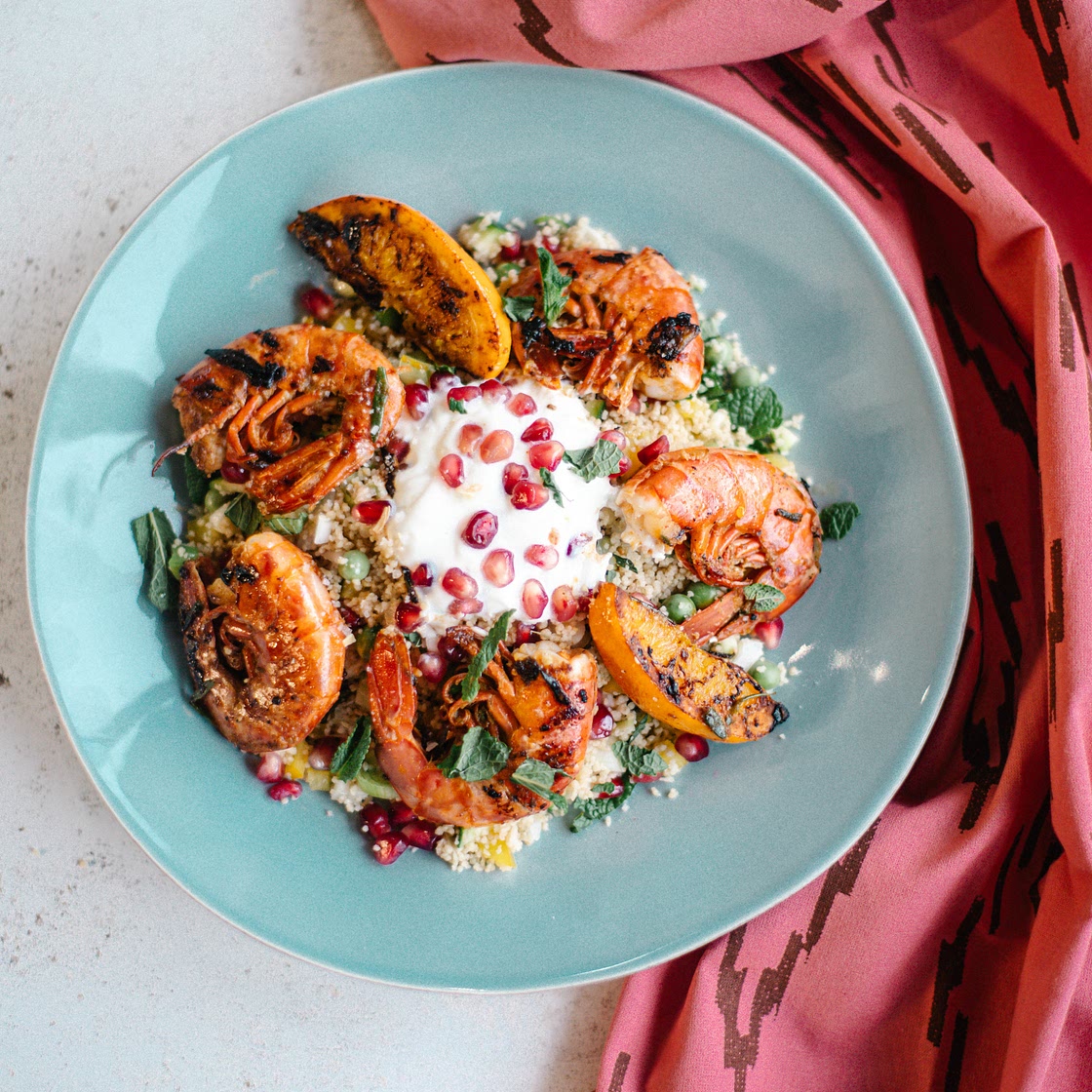 Moroccan Style Prawn Tails with Rainbow Salsa Couscous