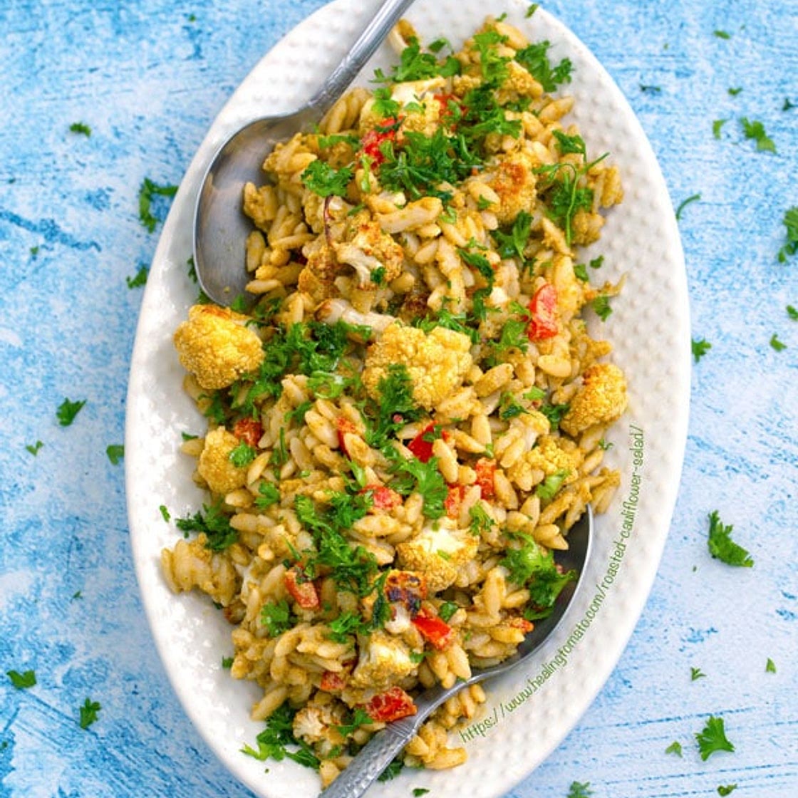 Roasted Cauliflower Salad With Orzo in a Basil Pesto Tahini Sauce