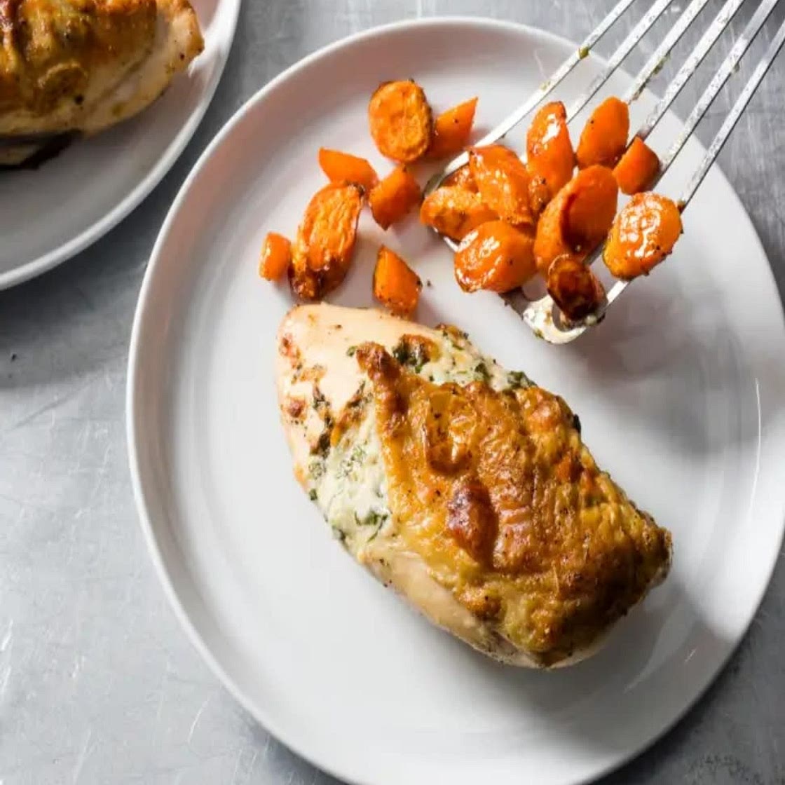 Parmesan and Basil-Stuffed Chicken with Roasted Carrots