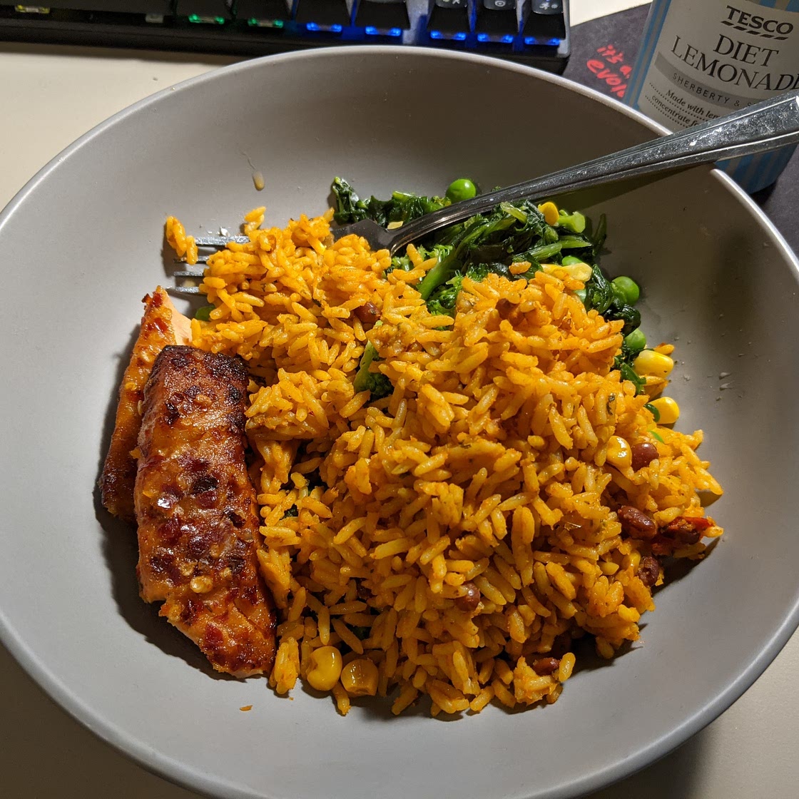 Sweet Chilli Salmon, veg and spicy rice