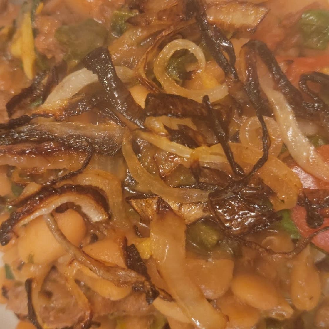 Rosemary White Beans With Frizzled Onions and Tomato