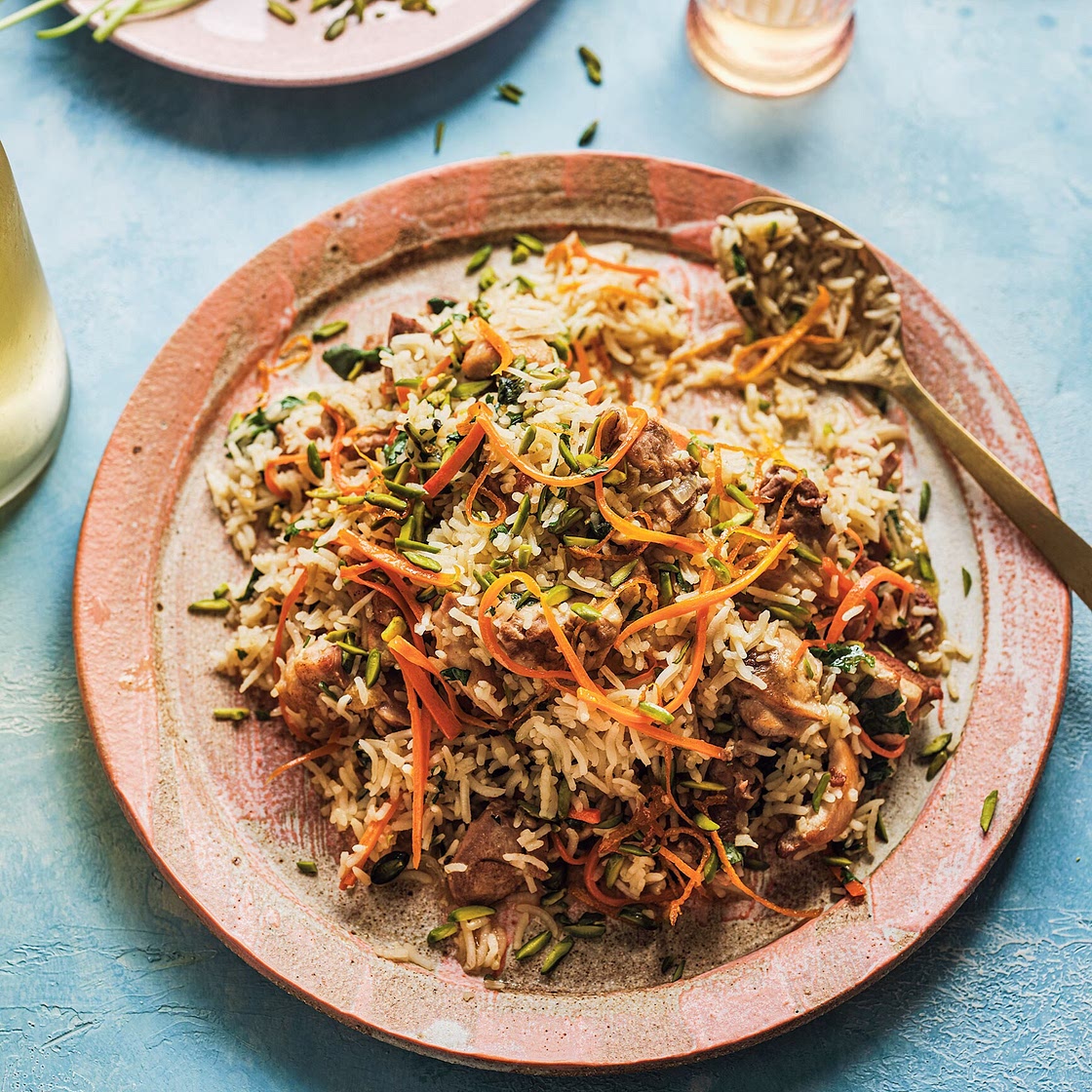 Chicken pilaf with cardamom, carrot and orange recipe