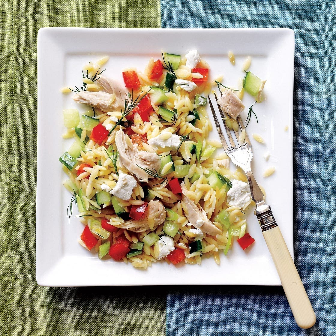 Lemony Orzo Veggie Salad with Chicken