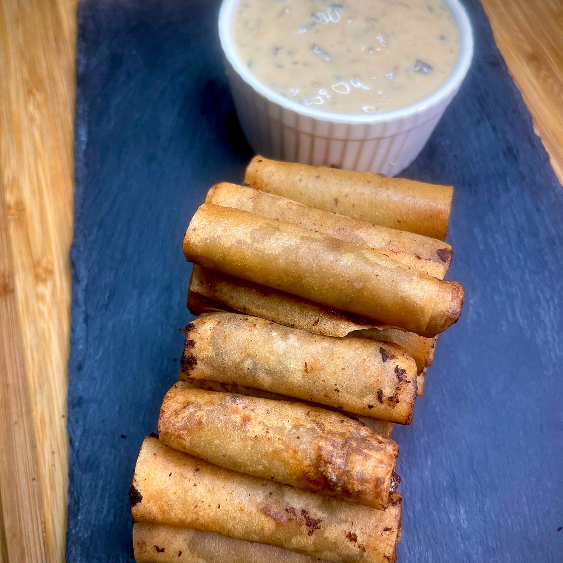 Burger Steak Lumpia with Creamy Mushroom Gravy
