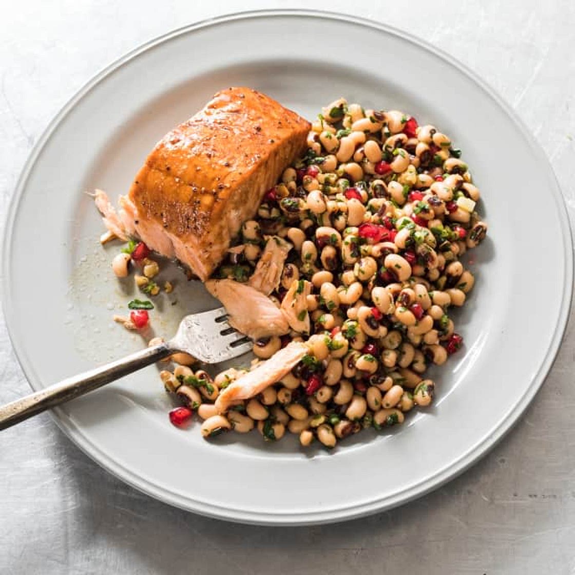Glazed Salmon with Black Eyed Peas, Walnuts, and Pomegranate