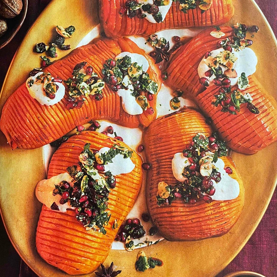 hasselback butternut squash with tahini yogurt & gremolata