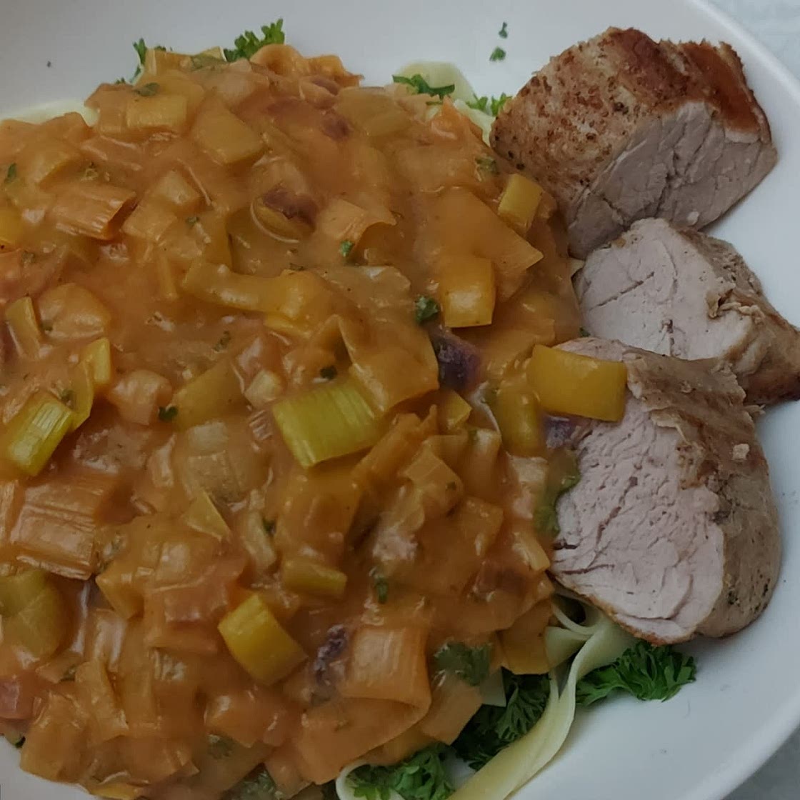 Beef stroganoff with herby pasta