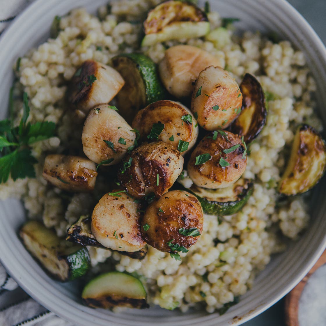 Lemon Garlic Scallops w/ Parmesan Pearl Couscous - Feeding The Frasers