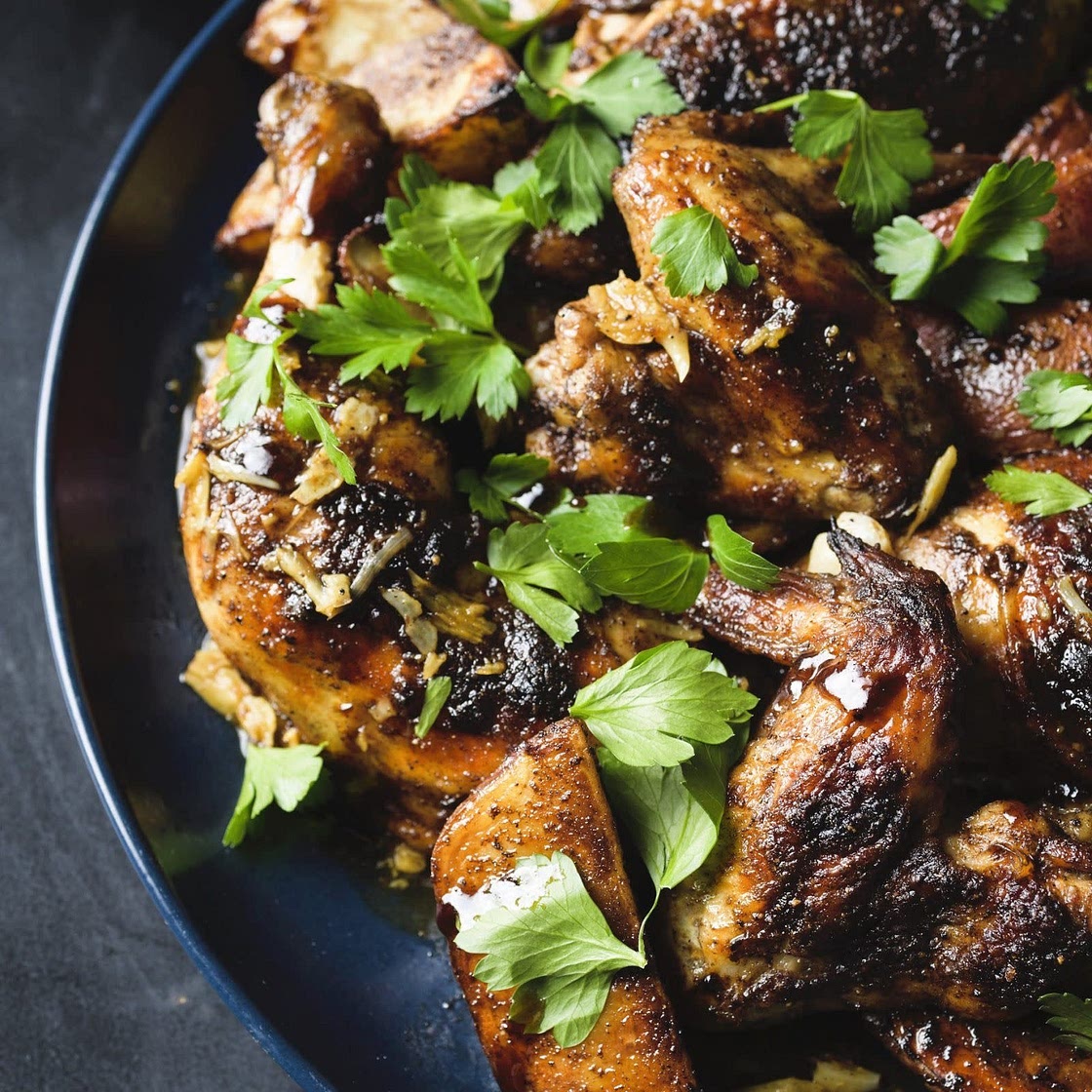 Garlicky Spiced Chicken & Potatoes w/ Pomegranate Molasses 