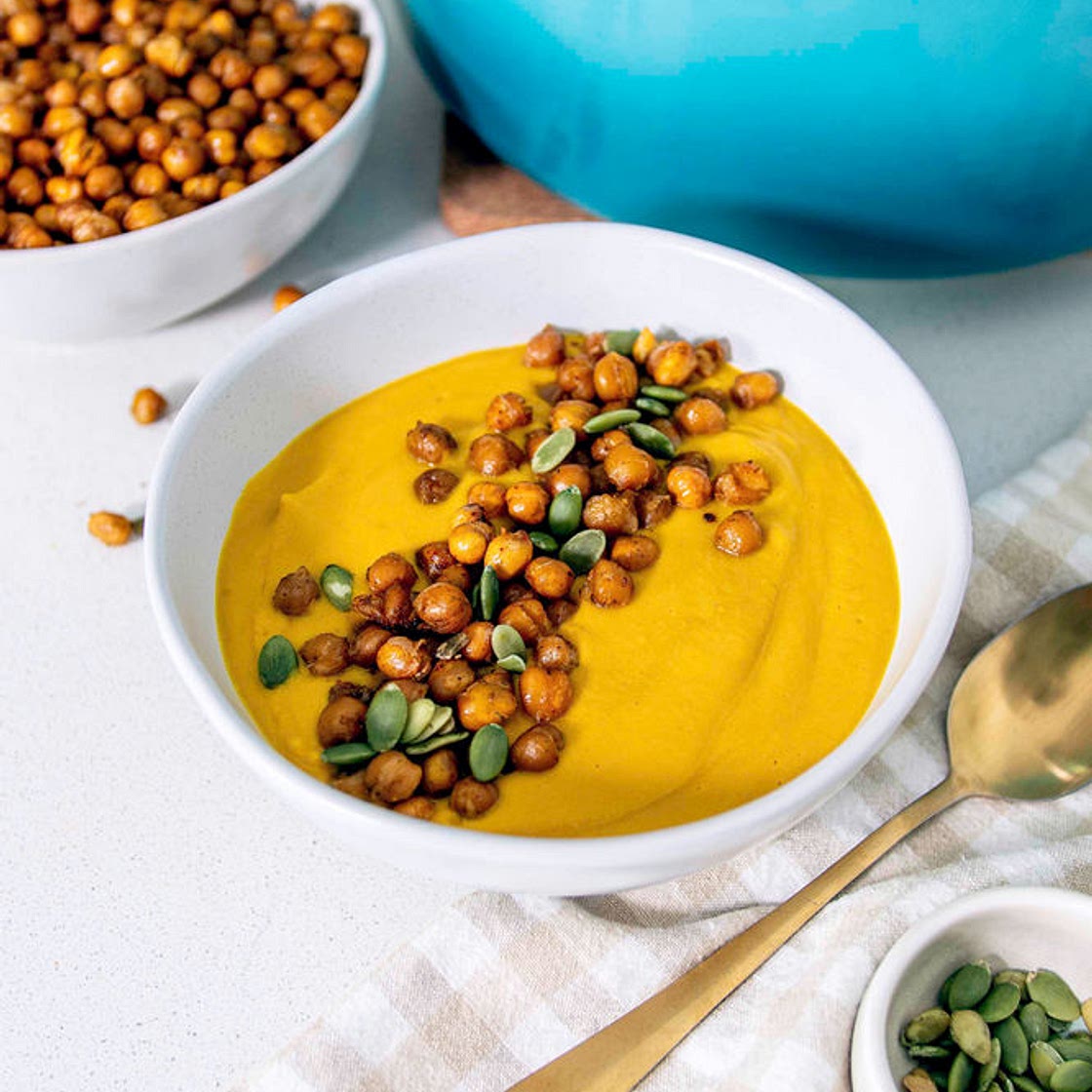 ROASTED CARROT SOUP WITH CHICKPEA CROUTONS