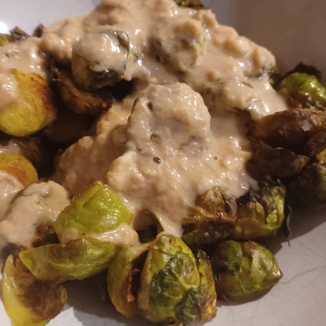 Crispy Roasted Brussels Sprouts with Edamame & Peanut Sauce