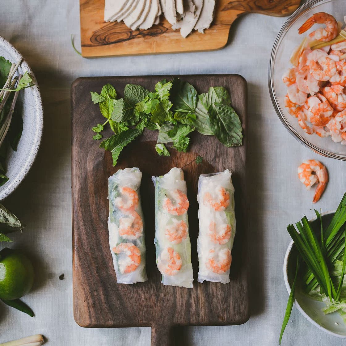 Shrimp springrolls with almond butter dressing