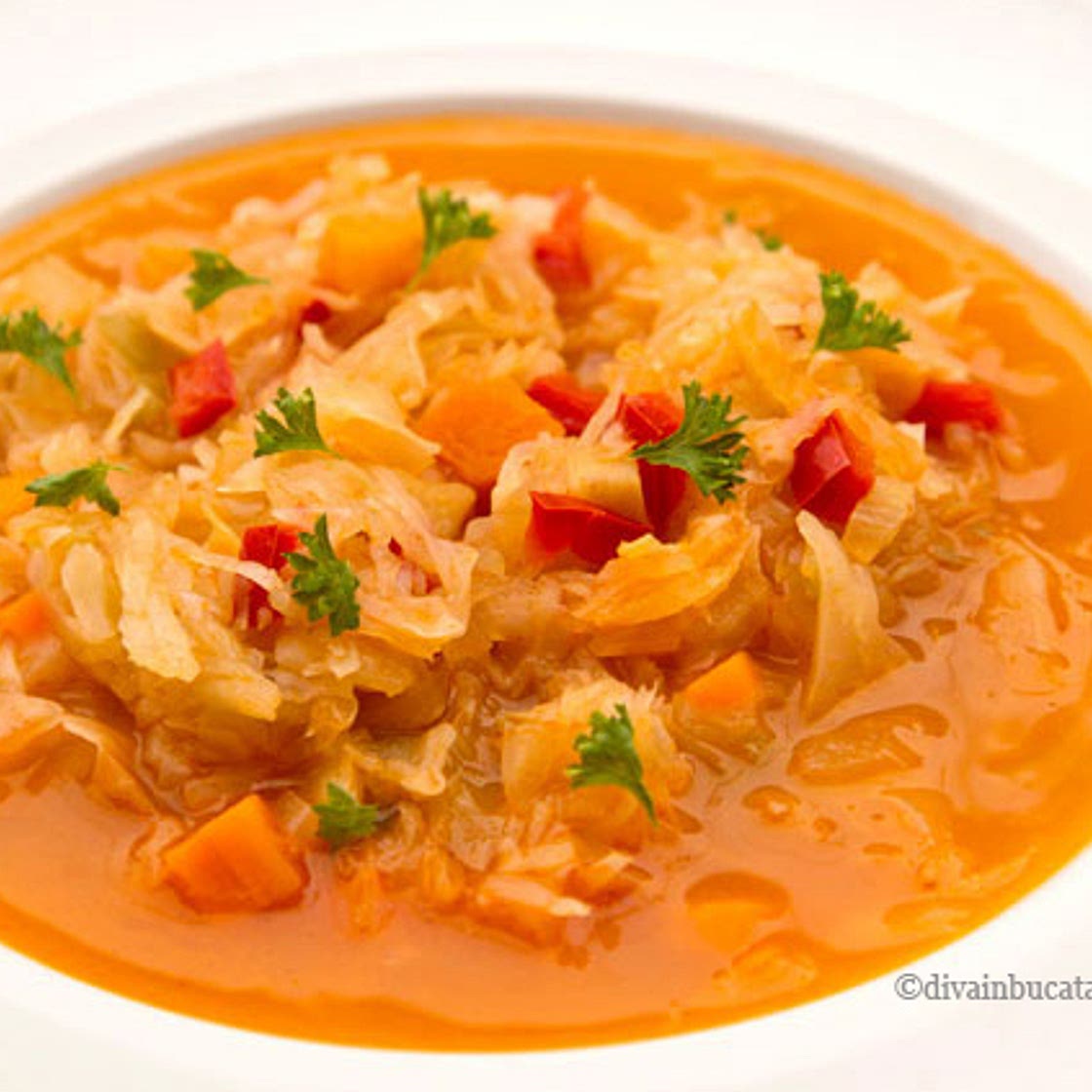 Sweet cabbage soup with tomato sauce ( Romanian food )