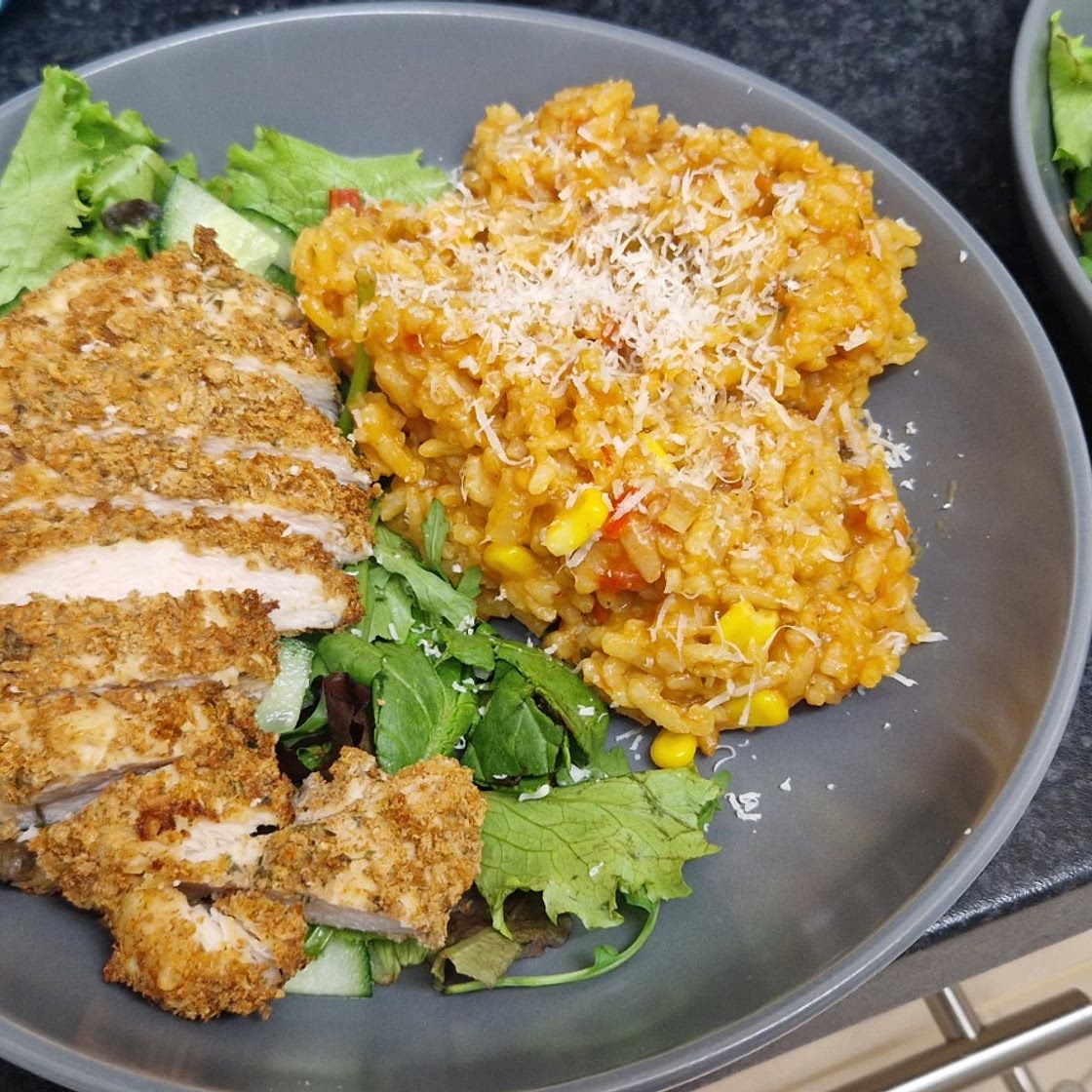 Chicken schnitzel and tomato rissioto
