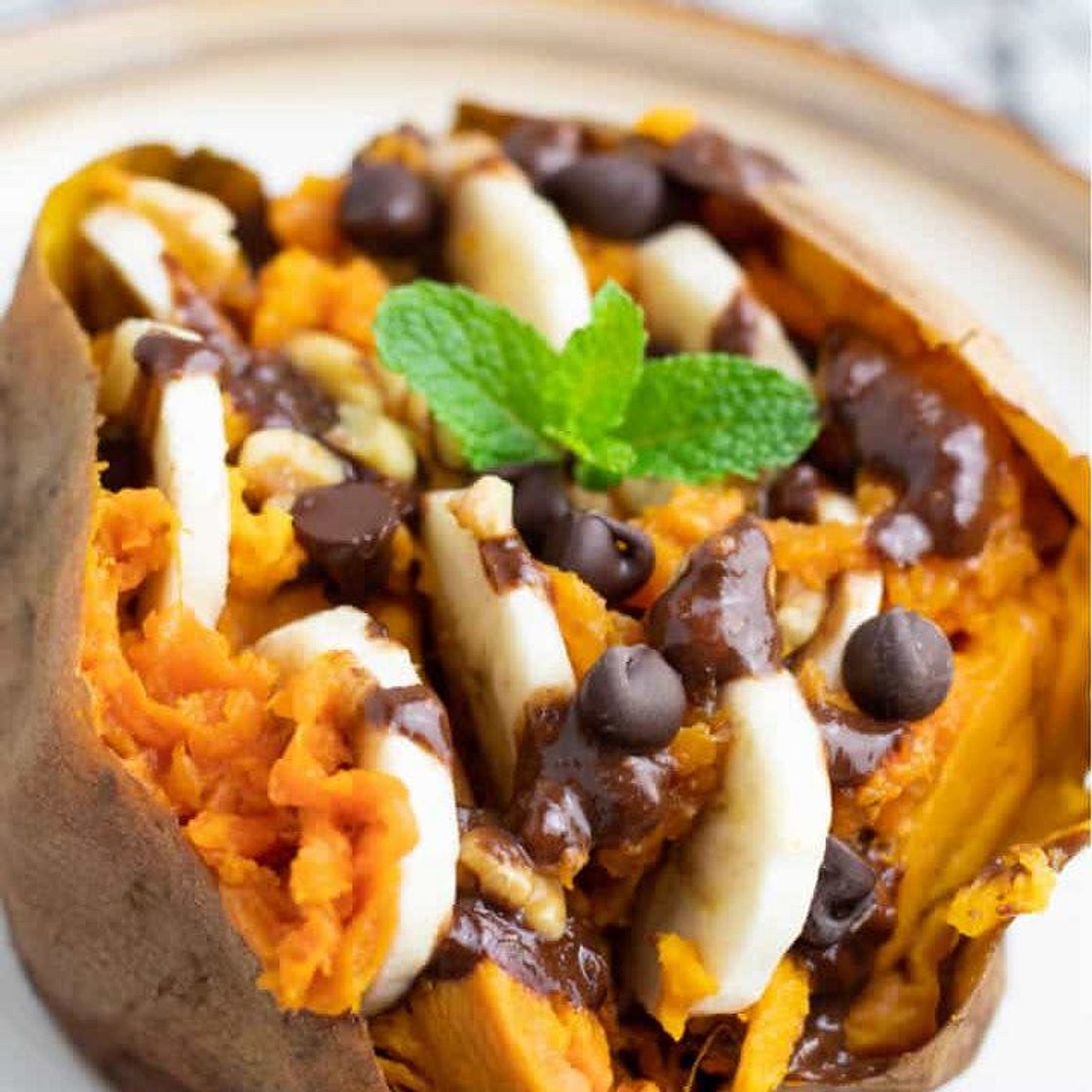 Sweet potato with nutella banana sauce with protein shake