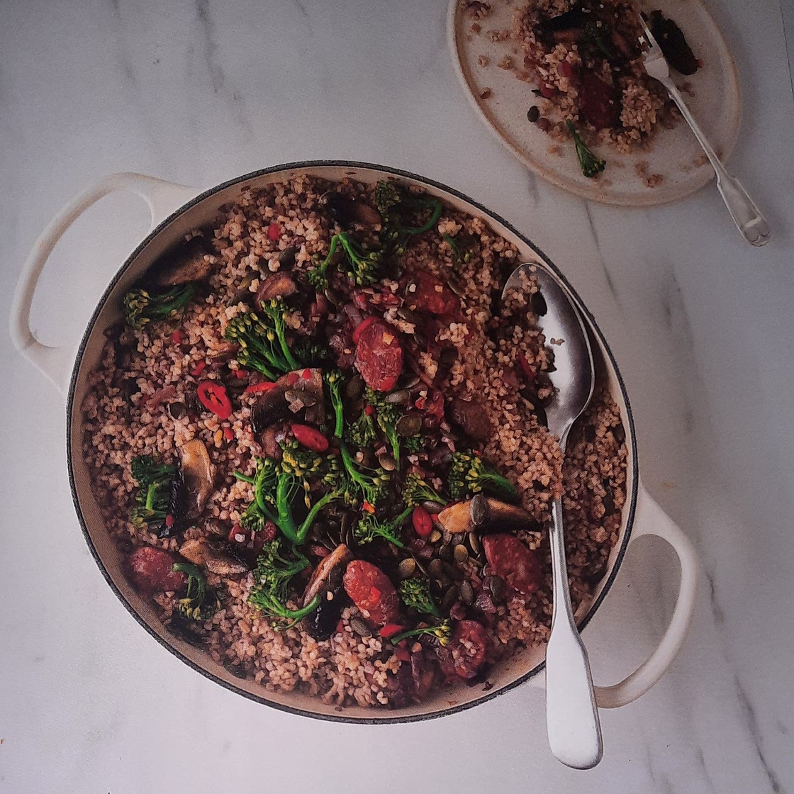 Bulgur broccoli salad with toasted pumkin seeds