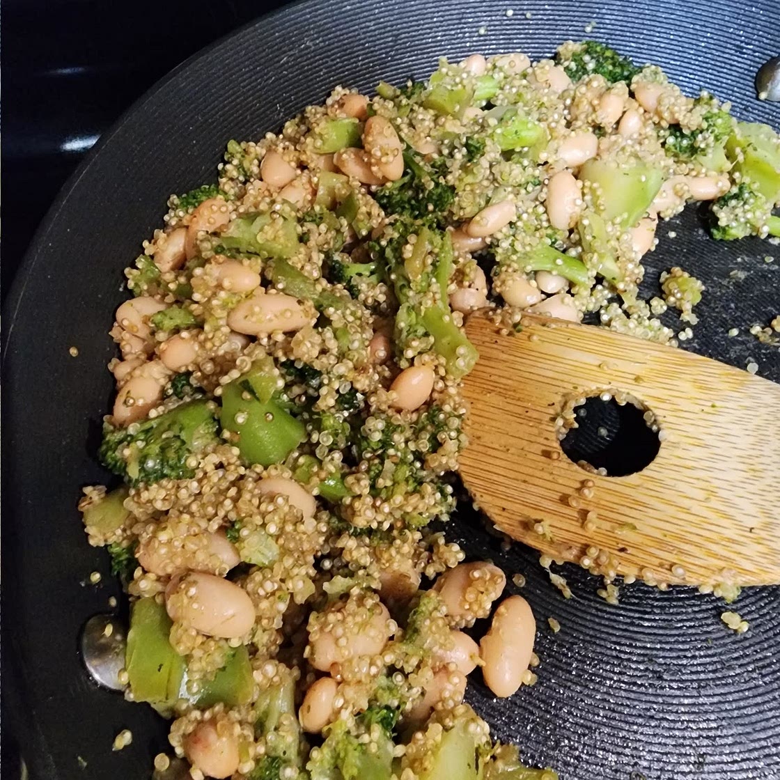 One Pan Broccoli Quinoa Skillet with Parmesan and White Beans