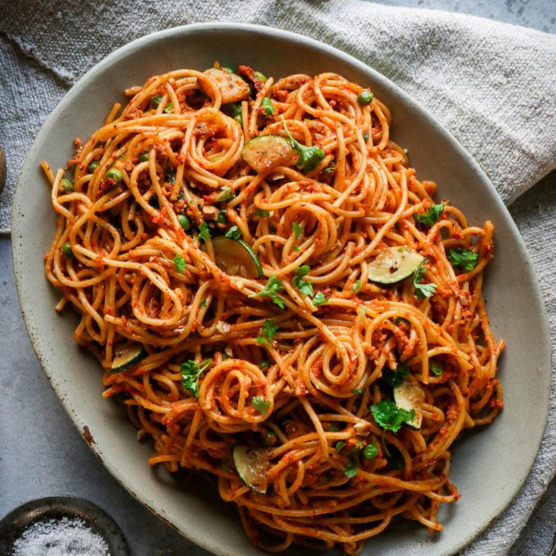 Grilled Red Pepper Pesto Pasta