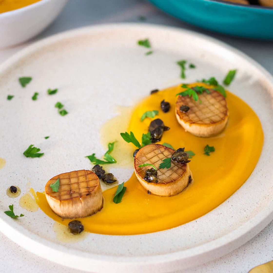 KING OYSTER MUSHROOM SCALLOPS WITH SWEET POTATO PUREE
