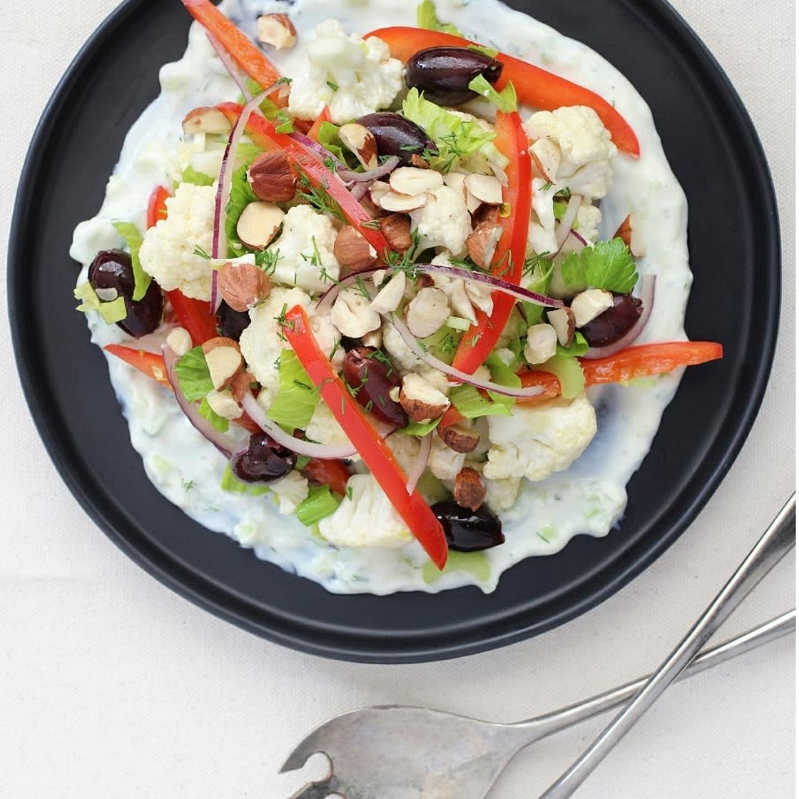 Cauliflower, Celery, and Bell Pepper Salad with Tzatziki