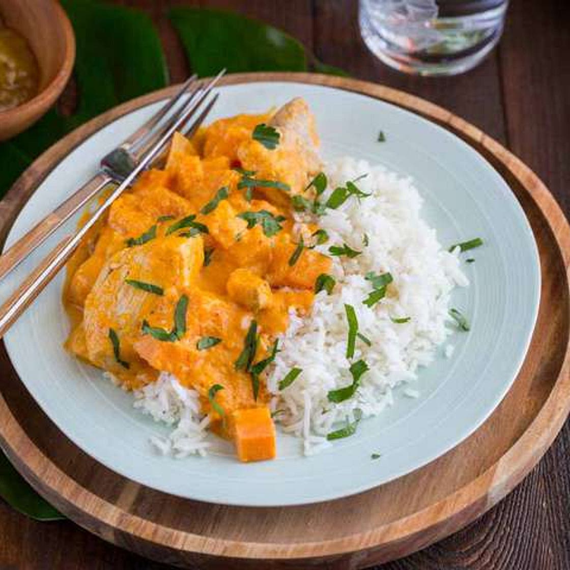 Curry jaune butternut Patate douce poulet riz