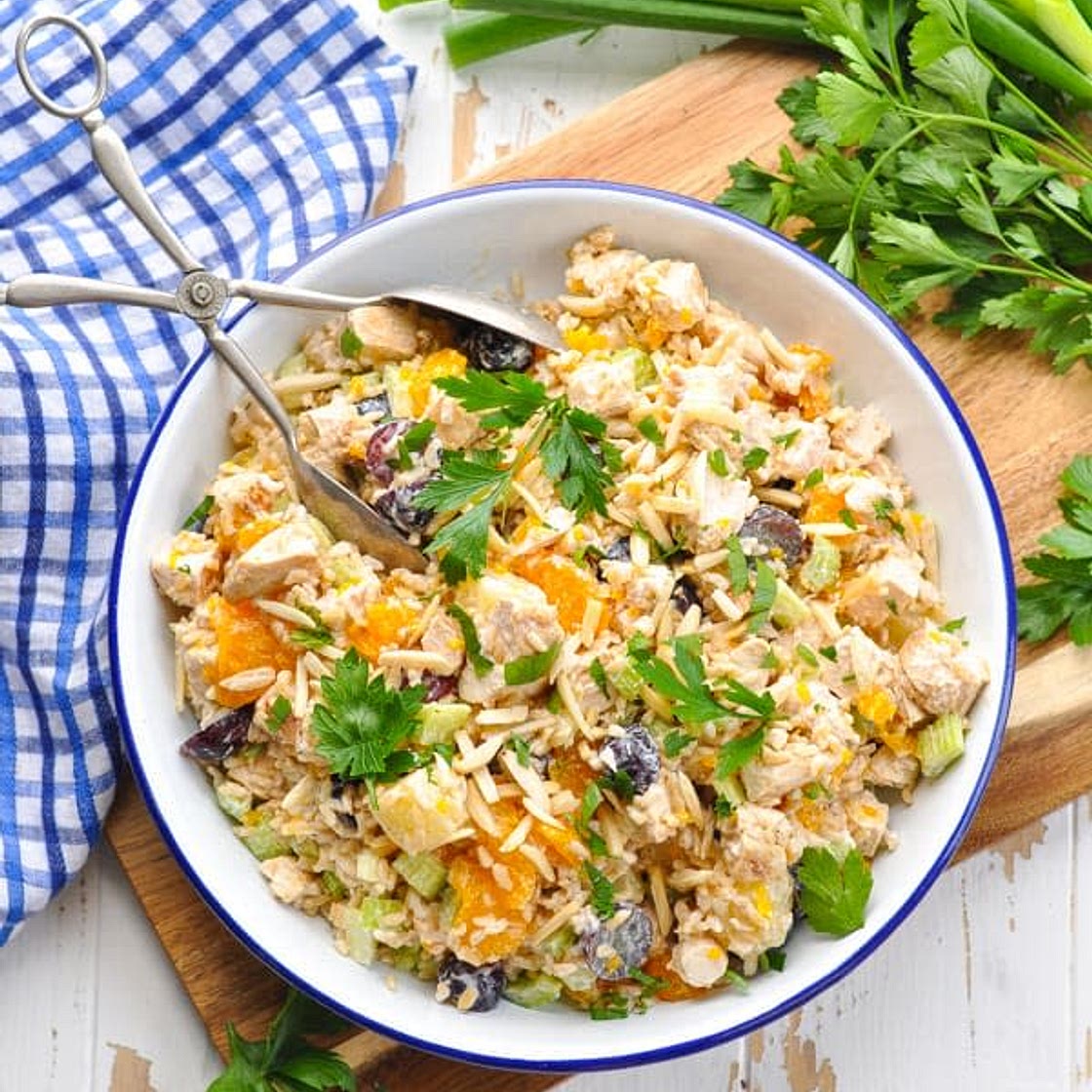White rice with chicken and almond salad