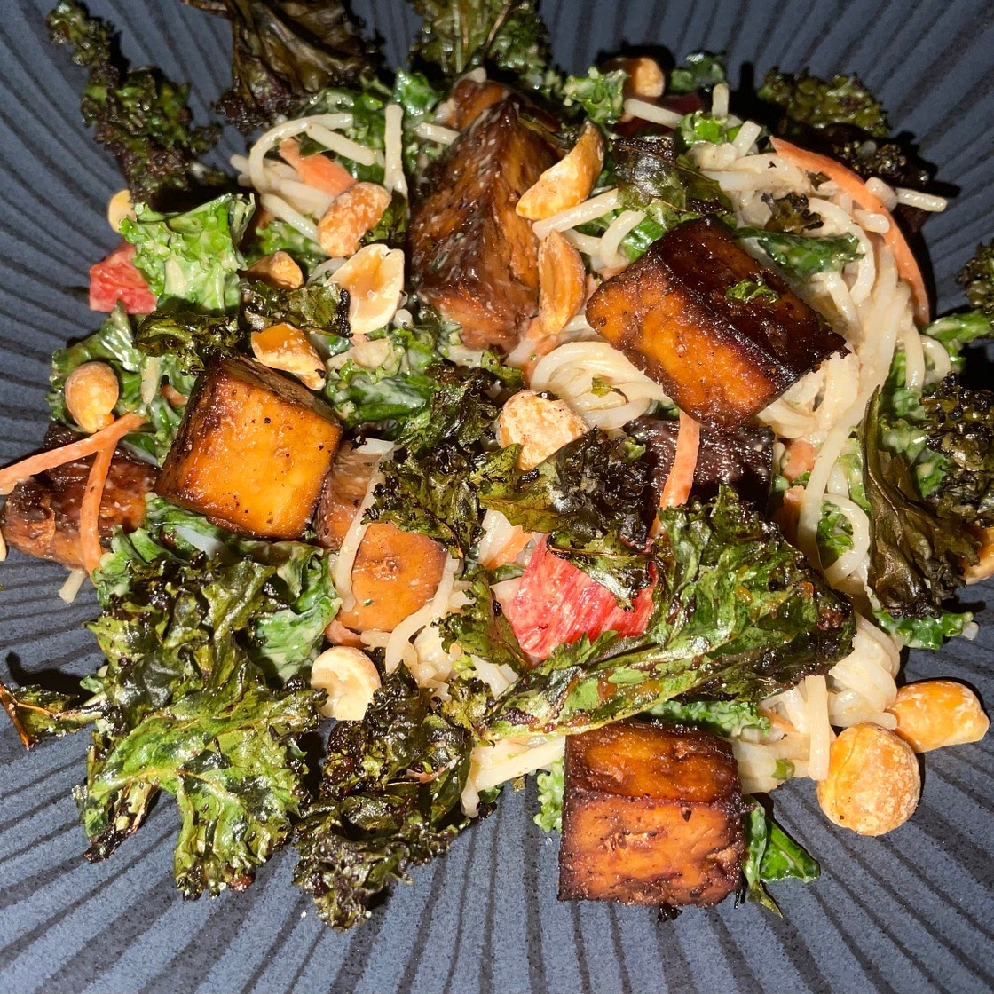 Marinated Tofu and Kale Noodle Salad with a Miso and Peanut Dressing