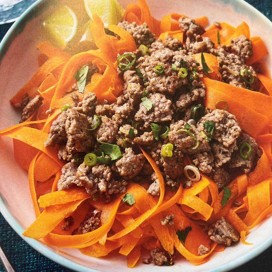 Asian Pork and Carrot-Noodle Bowls Recipe | Lauren Blake | Say Mmm