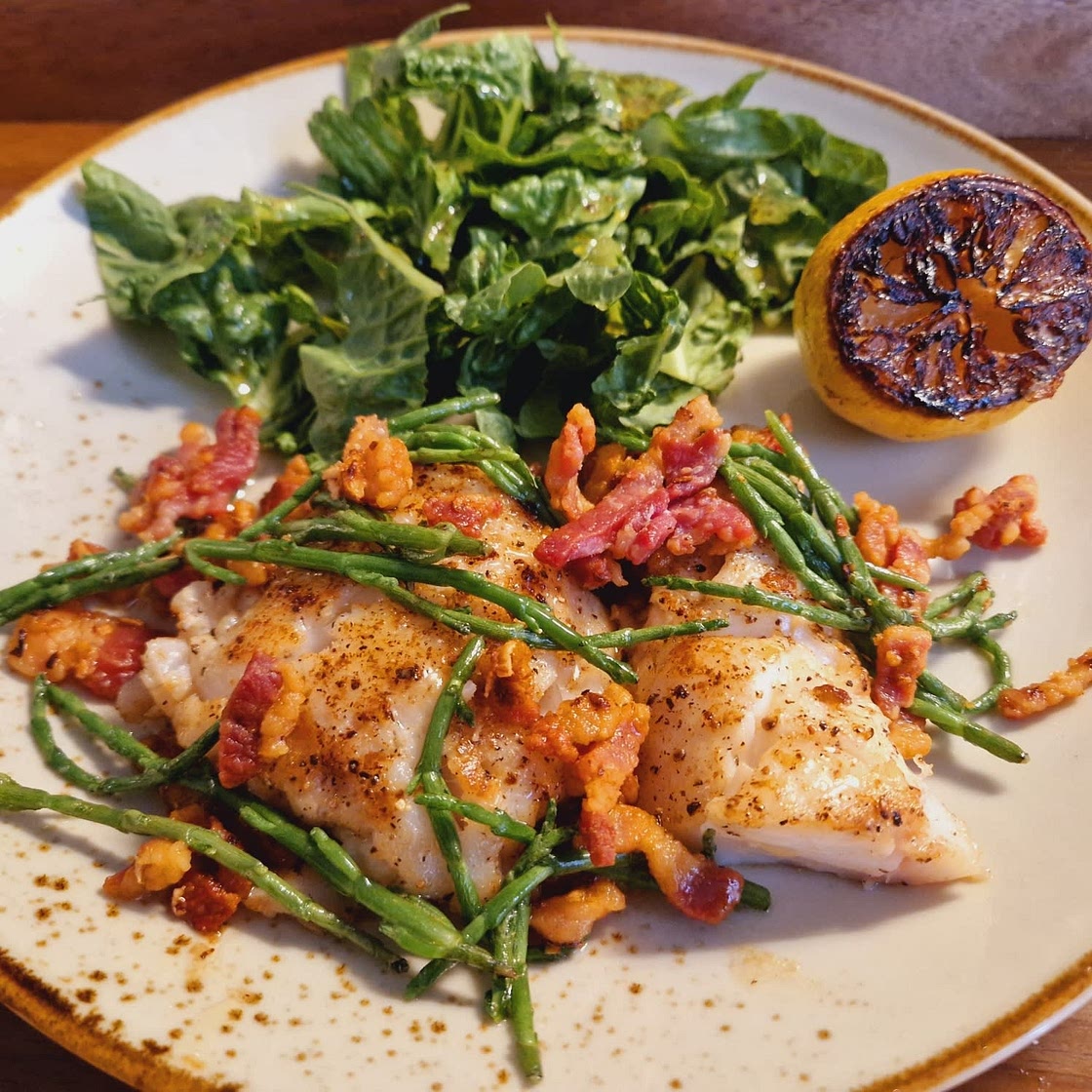 Pan Roasted cod with confit Jersey royals with pancetta