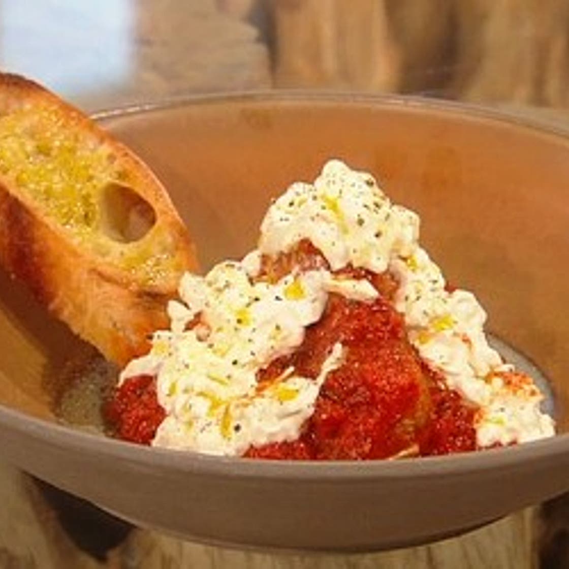 Meatballs in tomato sauce with burrata and crostini – Saturday Kitchen Recipes