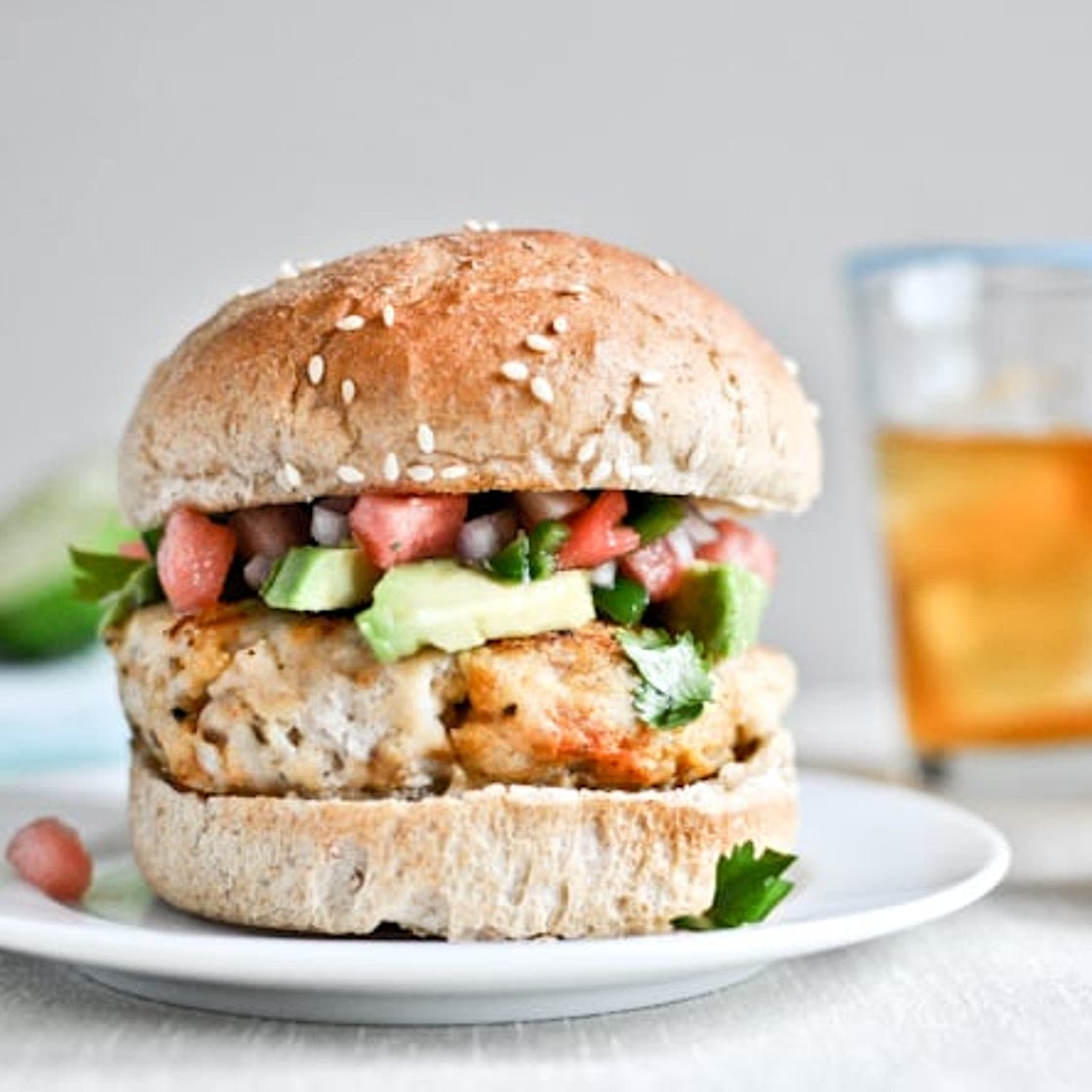 Tilapia Burgers with Watermelon Salsa + Avocado