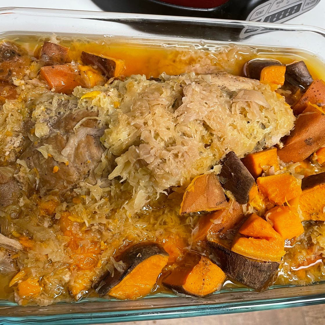 Crockpot Pork Loin with Sweet Potatoes, Apples, and Sauerkraut (AIP Compliant)