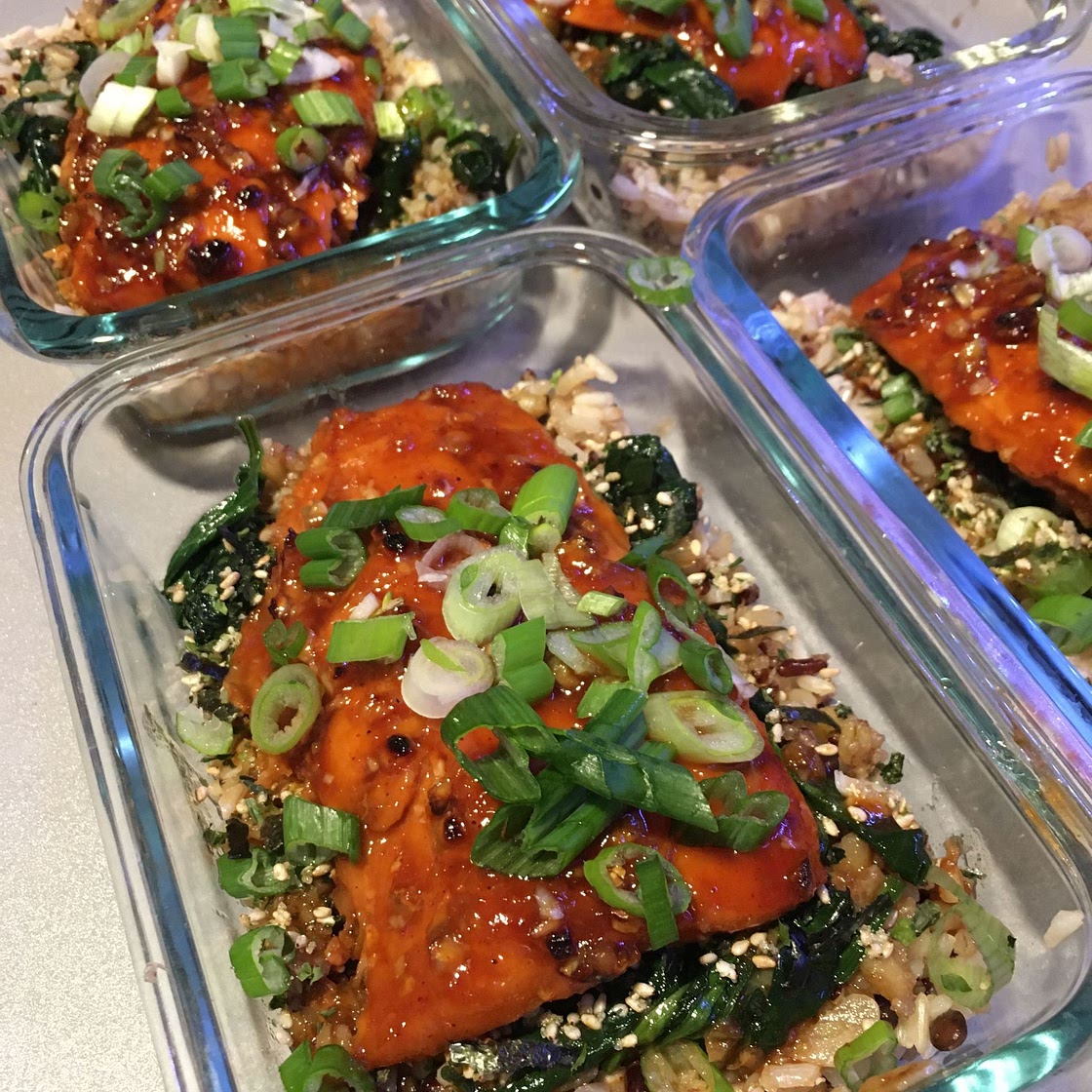 Gochujang-Glazed Salmon with Garlic Spinach