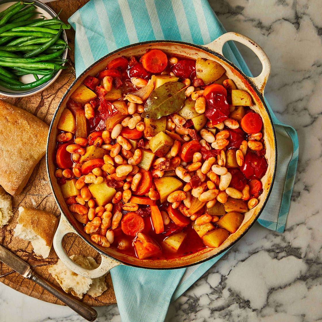 One pot chorizo cassoulet with crusty ciabatta