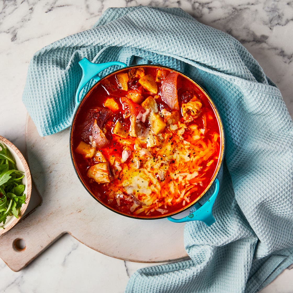 One pot cheesy chicken, potato and nduja bake